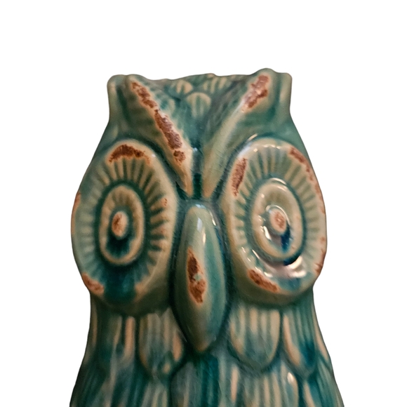 Whimsical Owl Figurine  7.5” Tall Distress Finish Teal Color Ceramic - Picture 2 of 4